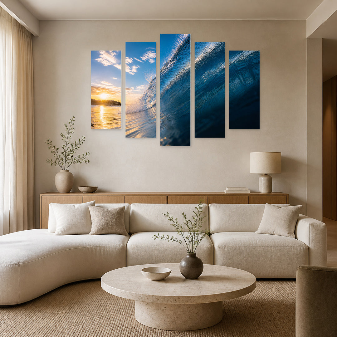 Wave in the Ocean in Serene Light — five-panel wall art in alternate frontal interior | 5wallart 55296 M4