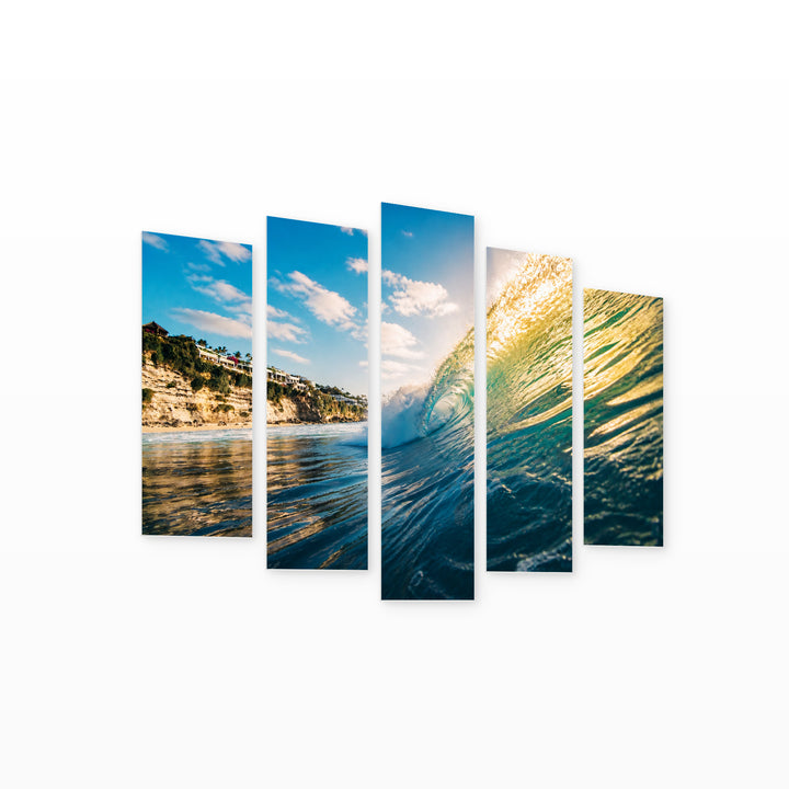 Perfect Wave for Surfing in Blue and Gold — five-panel wall art on white background in perspective | 5wallart 55297 M1