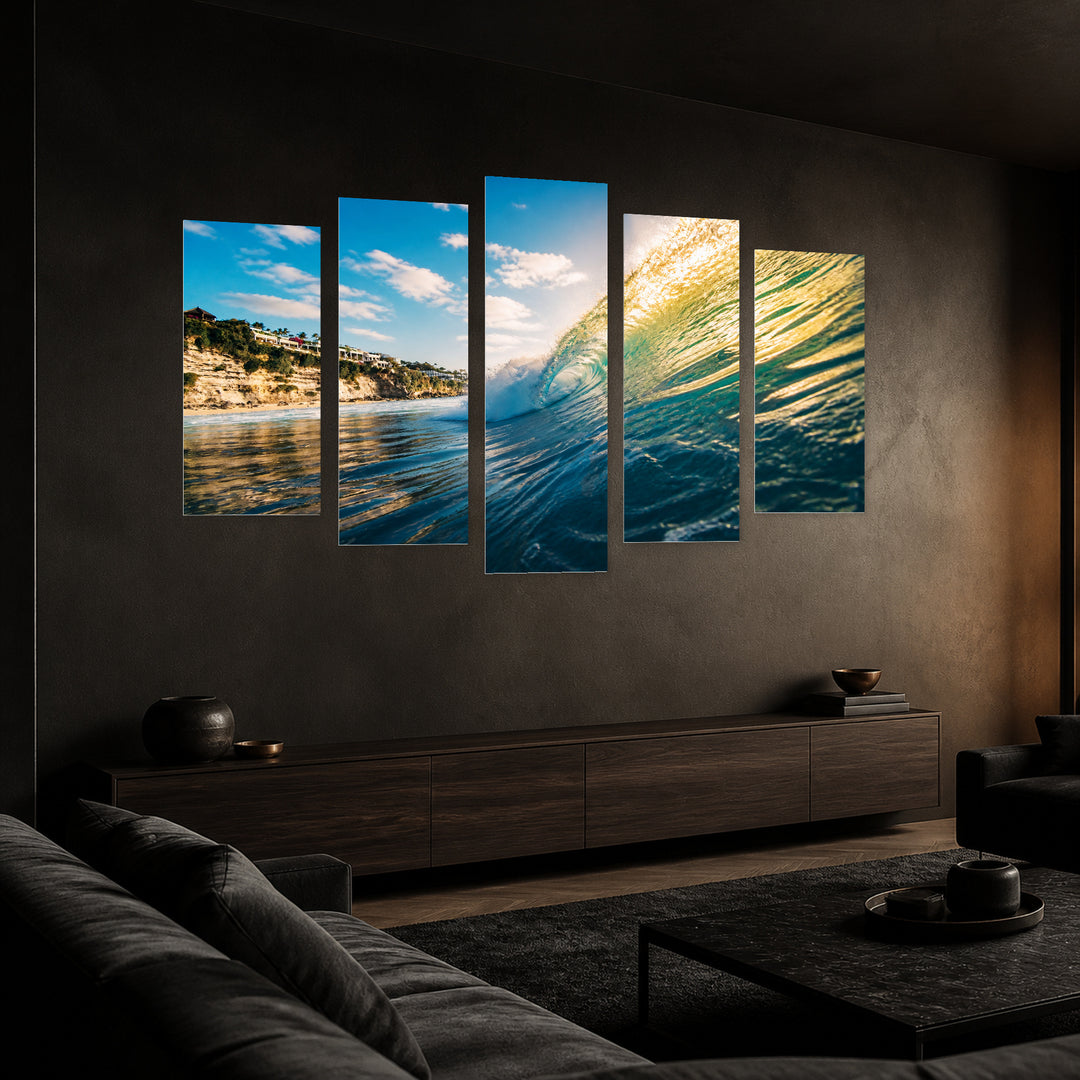 Perfect Wave for Surfing in Blue and Gold — five-panel wall art in perspective interior | 5wallart 55297 M2