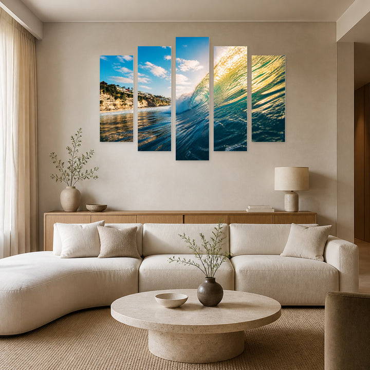 Perfect Wave for Surfing in Blue and Gold — five-panel wall art in frontal interior | 5wallart 55297 M3