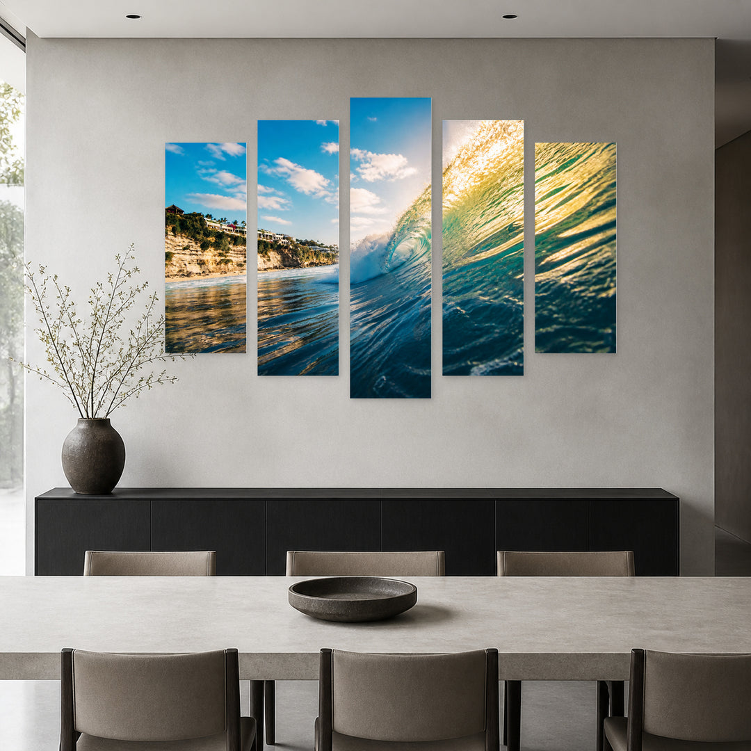 Perfect Wave for Surfing in Blue and Gold — five-panel wall art in alternate frontal interior | 5wallart 55297 M4