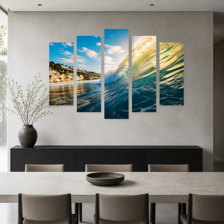 Perfect Wave for Surfing in Blue and Gold — five-panel wall art in alternate frontal interior | 5wallart 55297 M4