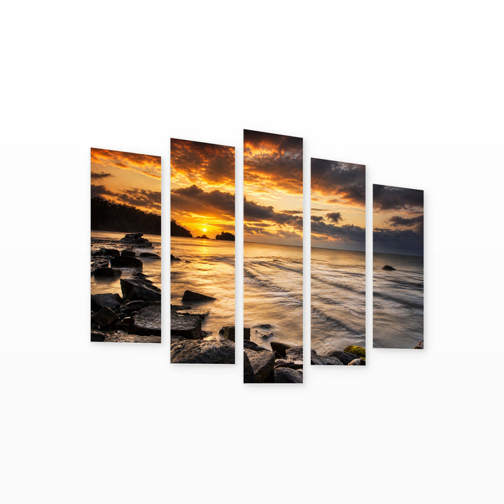 Golden Stormy Sea and Beautiful Sunset — five-panel wall art on white background in perspective | 5wallart 55298 M1
