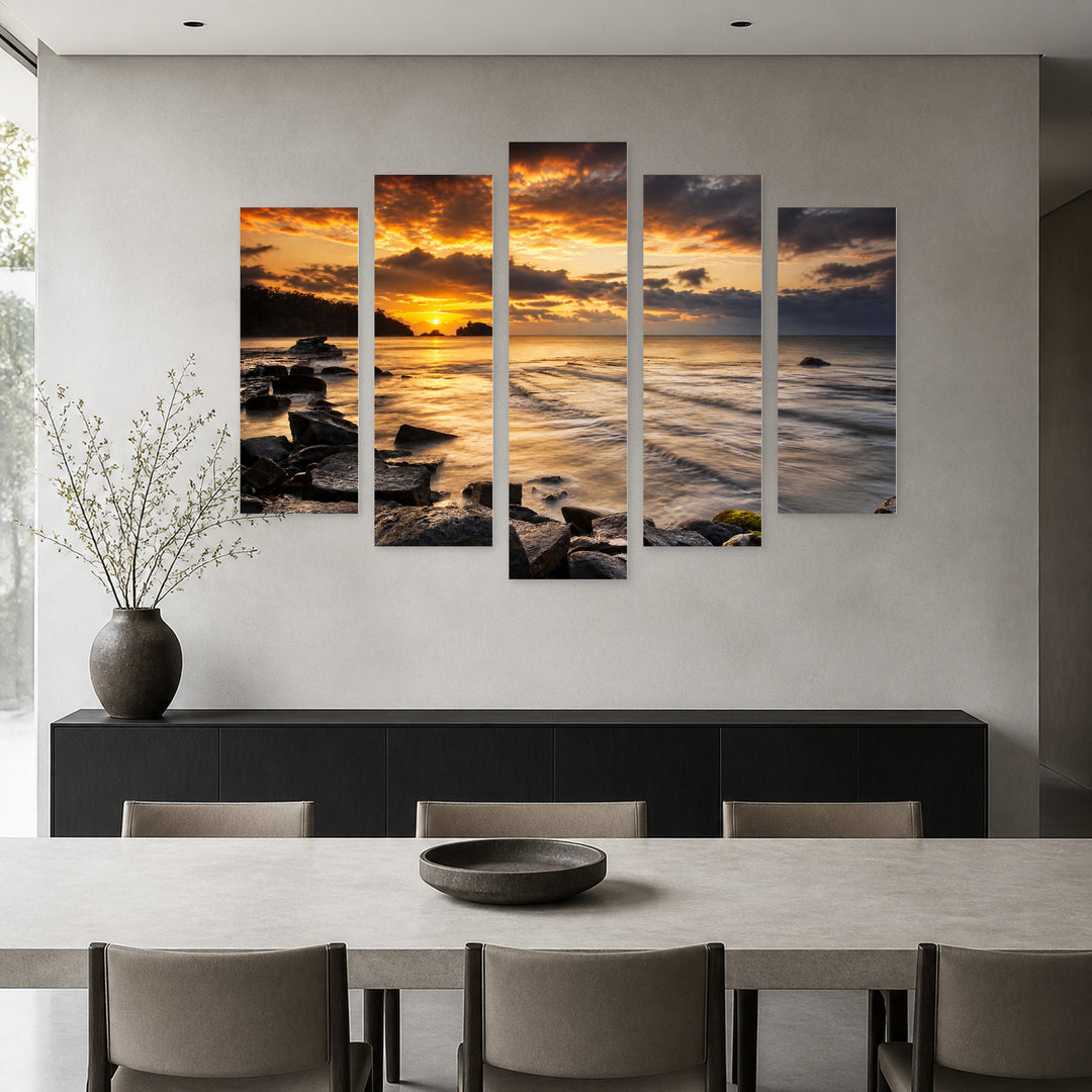 Golden Stormy Sea and Beautiful Sunset — five-panel wall art in frontal interior | 5wallart 55298 M3