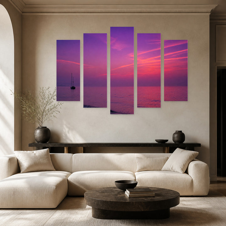 Purple Morning with Dreamlike Atmosphere — five-panel wall art in frontal interior | 5wallart 55299 M3