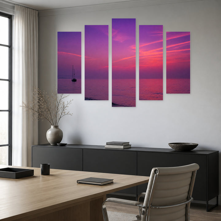 Purple Morning with Dreamlike Atmosphere — five-panel wall art in alternate frontal interior | 5wallart 55299 M4