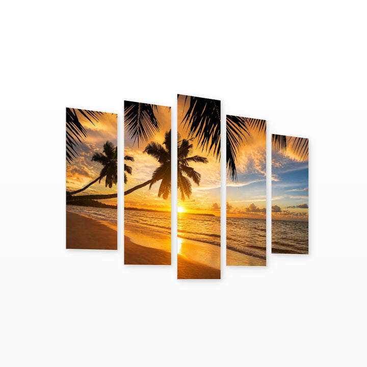 Sunset with Palm Trees in Serene Light — five-panel wall art on white background in perspective | 5wallart 55300 M1