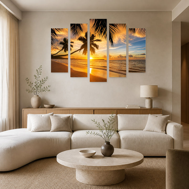 Sunset with Palm Trees in Serene Light — five-panel wall art in alternate frontal interior | 5wallart 55300 M4