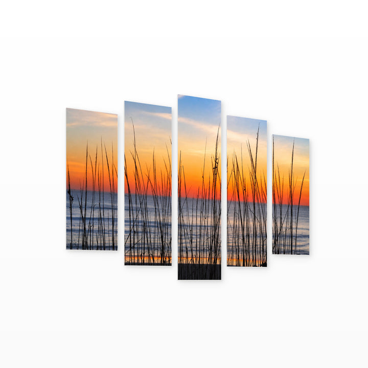 Sunrise with Geometric Rhythm — five-panel wall art on white background in perspective | 5wallart 55302 M1