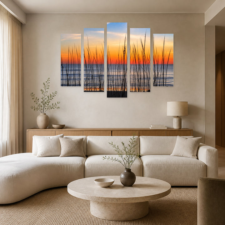 Sunrise with Geometric Rhythm — five-panel wall art in alternate frontal interior | 5wallart 55302 M4