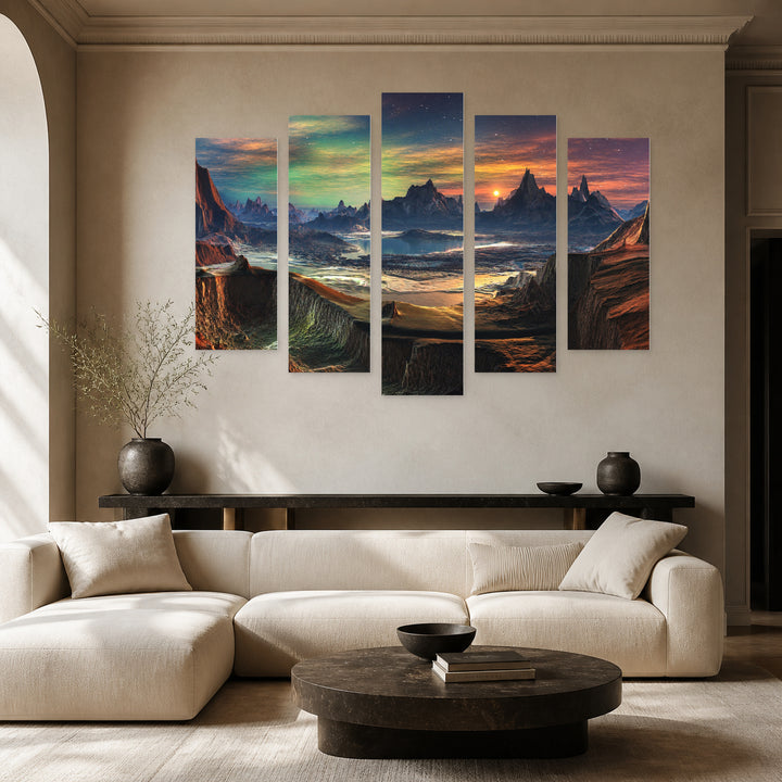 Magical Canyons with Geometric Rhythm — five-panel wall art in frontal interior | 5wallart 55305 M3