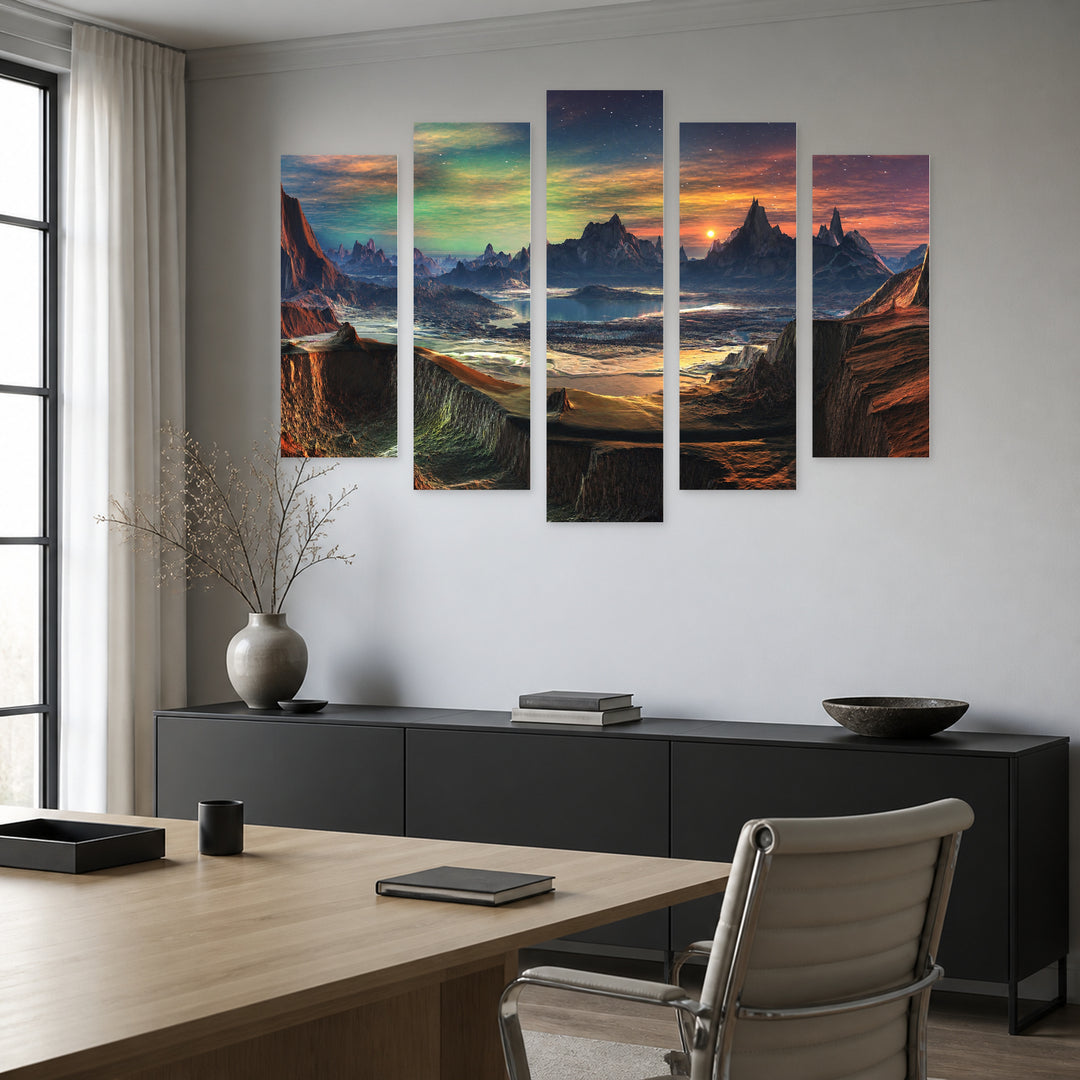 Magical Canyons with Geometric Rhythm — five-panel wall art in alternate frontal interior | 5wallart 55305 M4