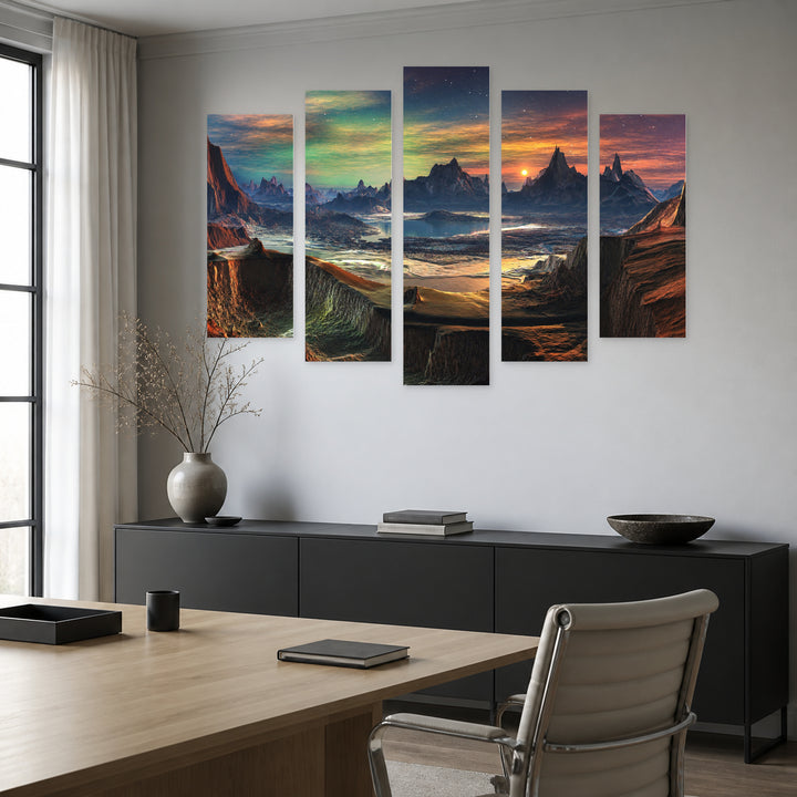 Magical Canyons with Geometric Rhythm — five-panel wall art in alternate frontal interior | 5wallart 55305 M4