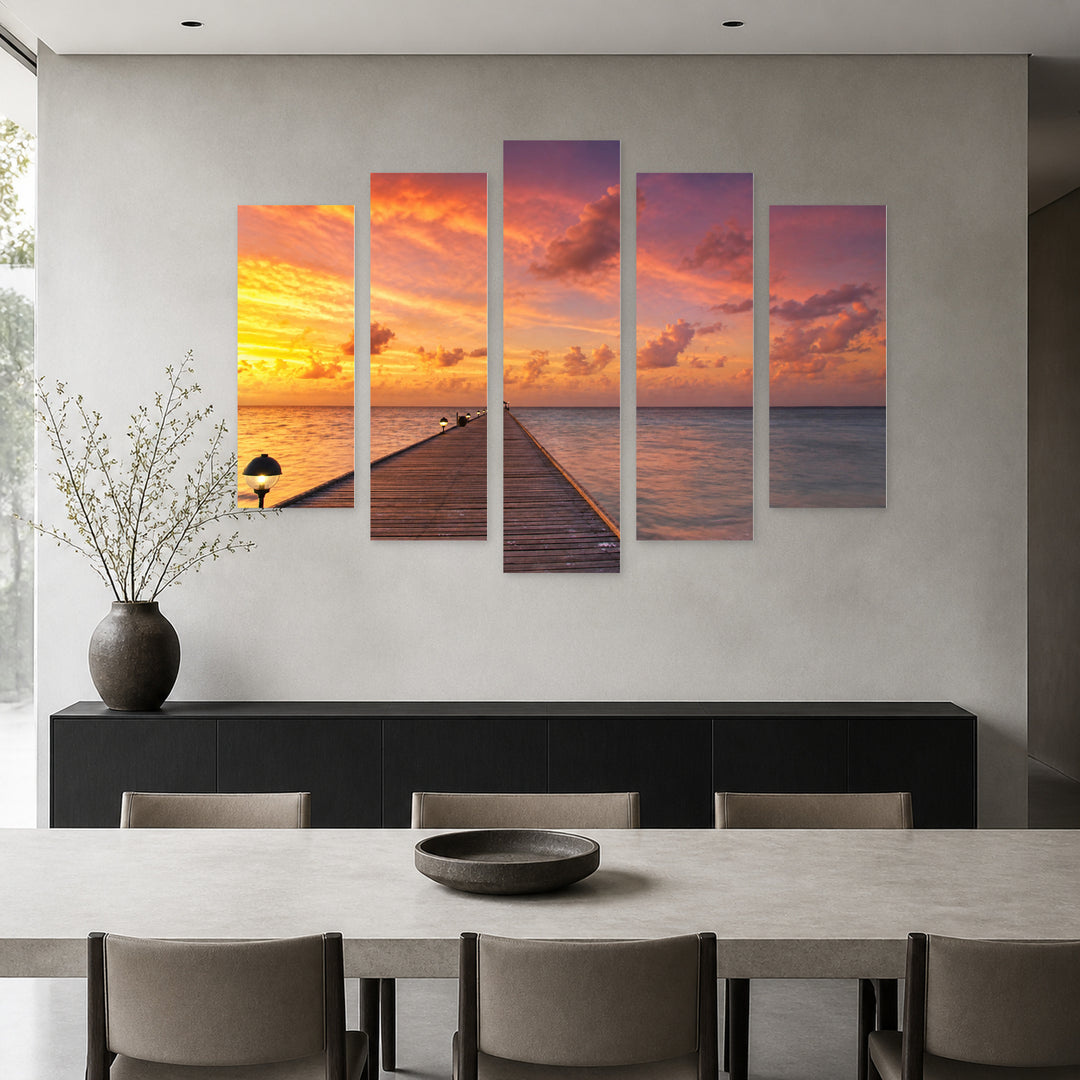 Golden Magical Sunset — five-panel wall art in frontal interior | 5wallart 55306 M3