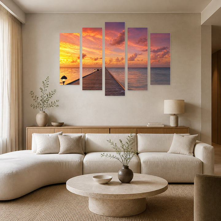 Golden Magical Sunset — five-panel wall art in alternate frontal interior | 5wallart 55306 M4