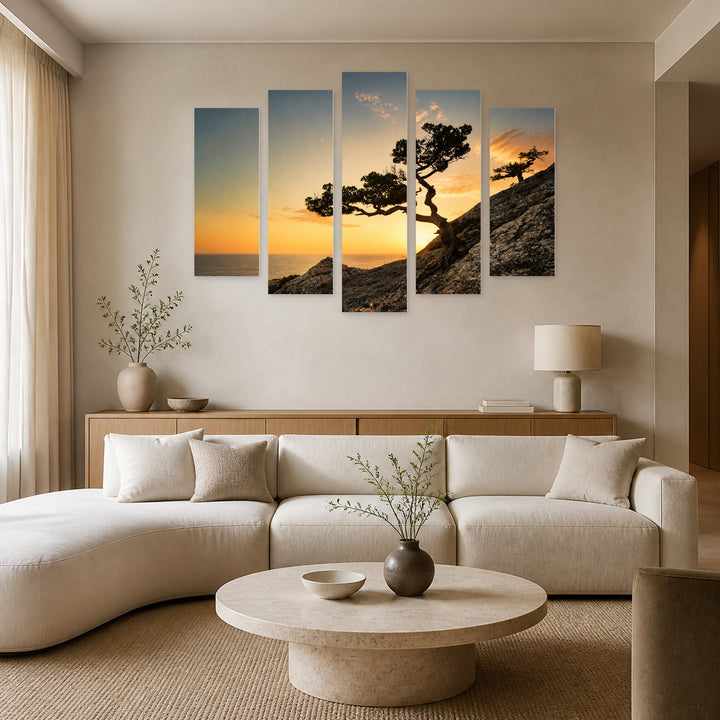Seascape with Tree at Golden Sunset — five-panel wall art in frontal interior | 5wallart 55307 M3