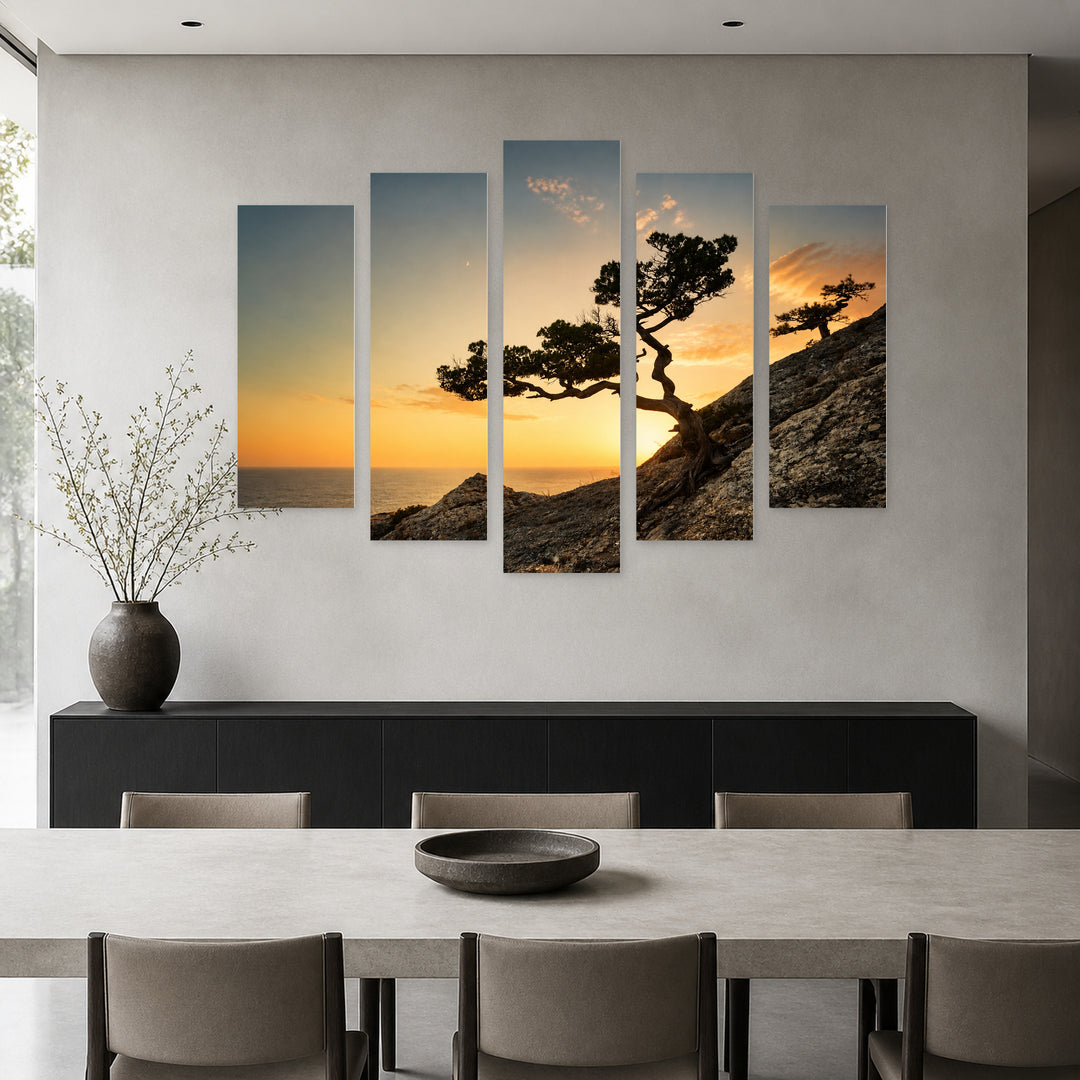 Seascape with Tree at Golden Sunset — five-panel wall art in alternate frontal interior | 5wallart 55307 M4