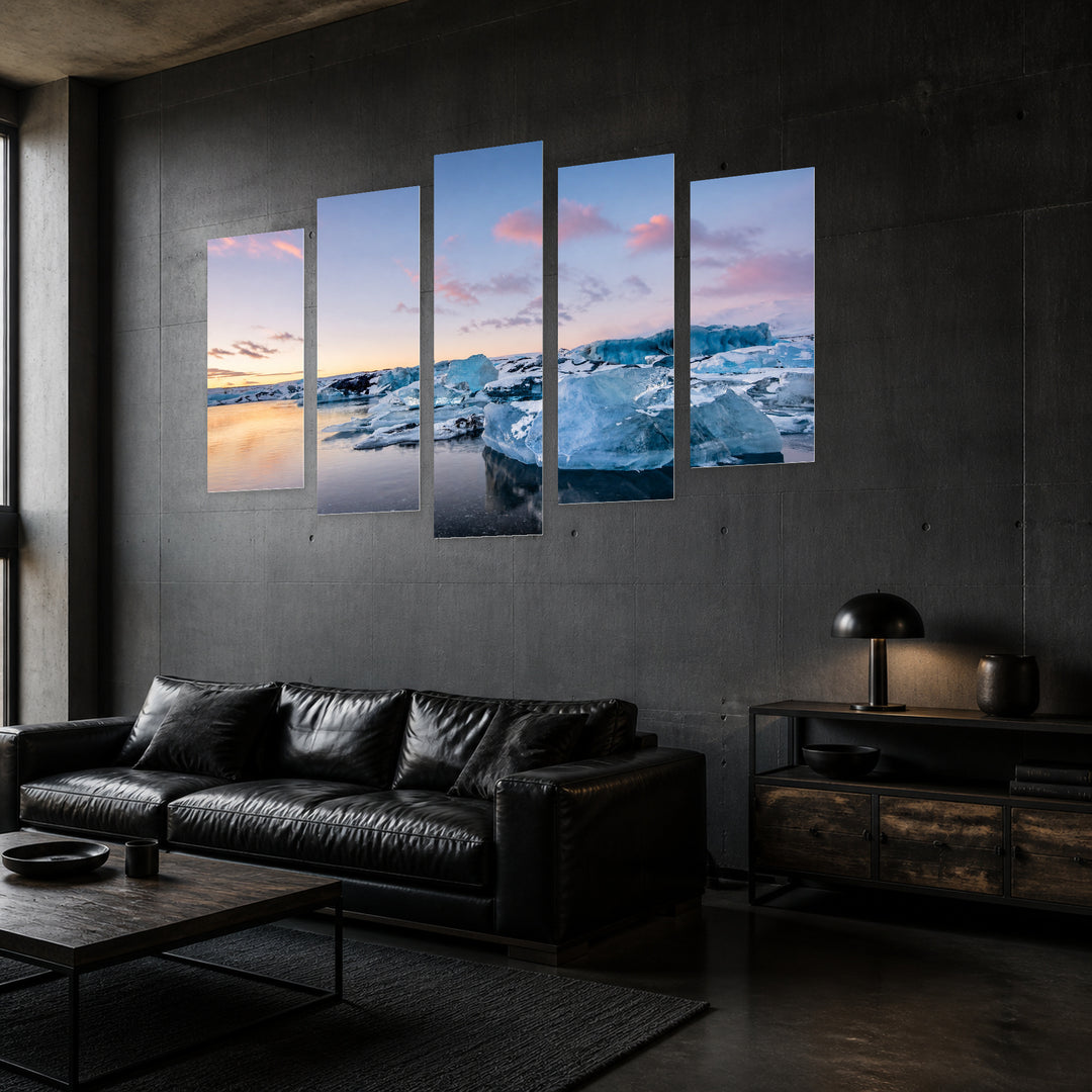Icebergs in Serene Light — five-panel wall art in perspective interior | 5wallart 55308 M2
