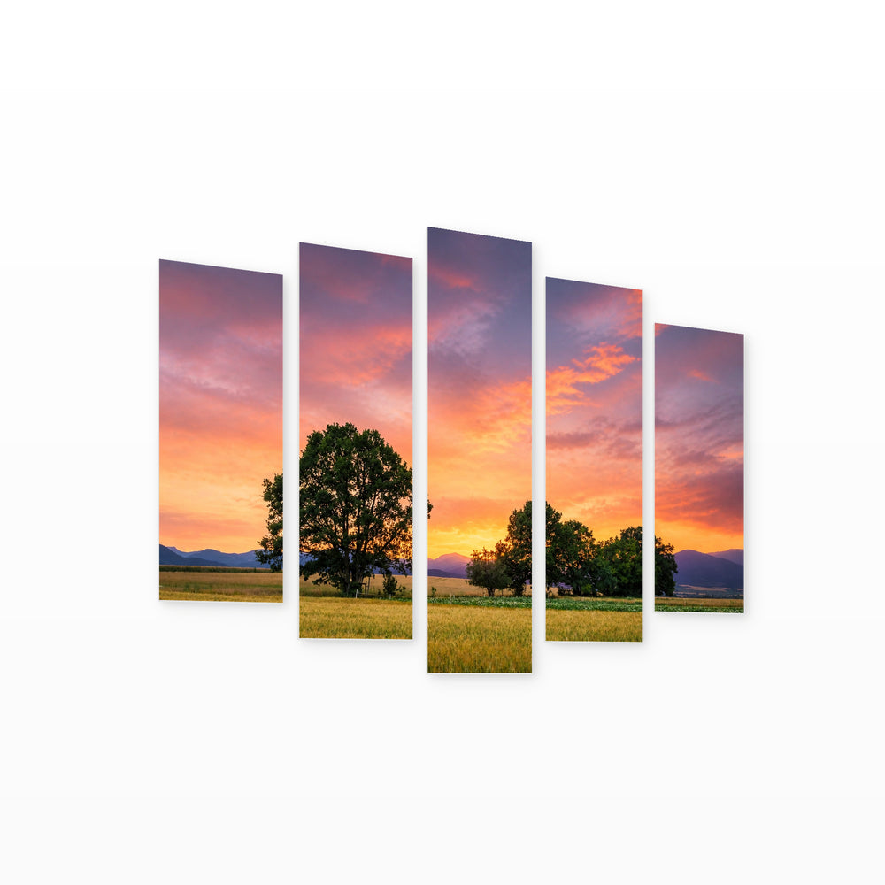 Sunset with Dreamlike Atmosphere — five-panel wall art on white background in perspective | 5wallart 55309 M1