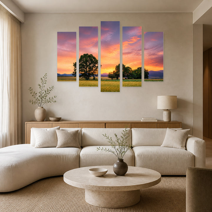 Sunset with Dreamlike Atmosphere — five-panel wall art in frontal interior | 5wallart 55309 M3