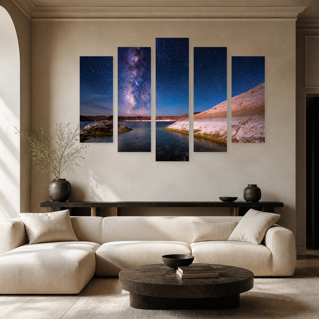 Starry Night over Utah in Serene Light — five-panel wall art in alternate frontal interior | 5wallart 55310 M4