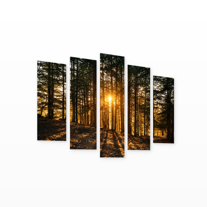 Forest Landscape in Blue and Gold — five-panel wall art on white background in perspective | 5wallart 55311 M1