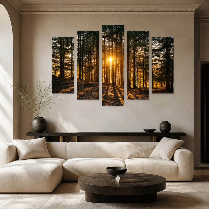 Forest Landscape in Blue and Gold — five-panel wall art in frontal interior | 5wallart 55311 M3