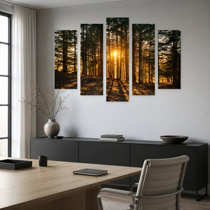 Forest Landscape in Blue and Gold — five-panel wall art in alternate frontal interior | 5wallart 55311 M4
