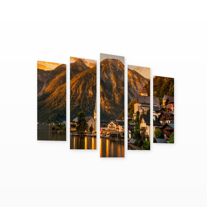 View by a Lake at Golden Sunset — five-panel wall art on white background in perspective | 5wallart 55312 M1