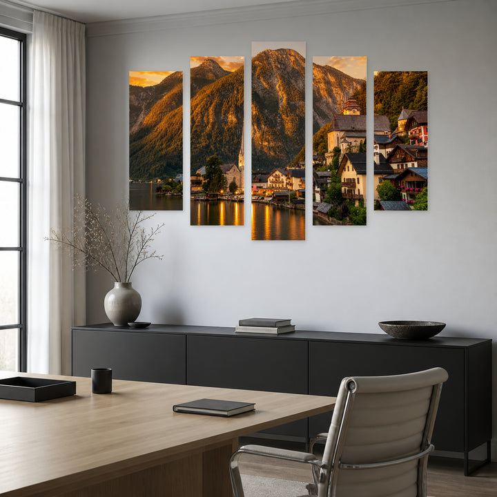 View by a Lake at Golden Sunset — five-panel wall art in frontal interior | 5wallart 55312 M3
