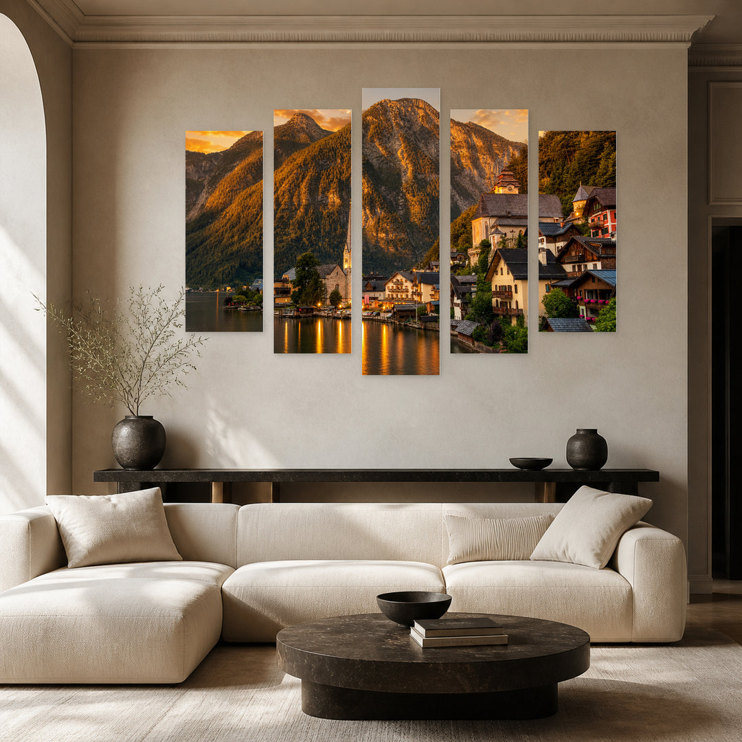 View by a Lake at Golden Sunset — five-panel wall art in alternate frontal interior | 5wallart 55312 M4