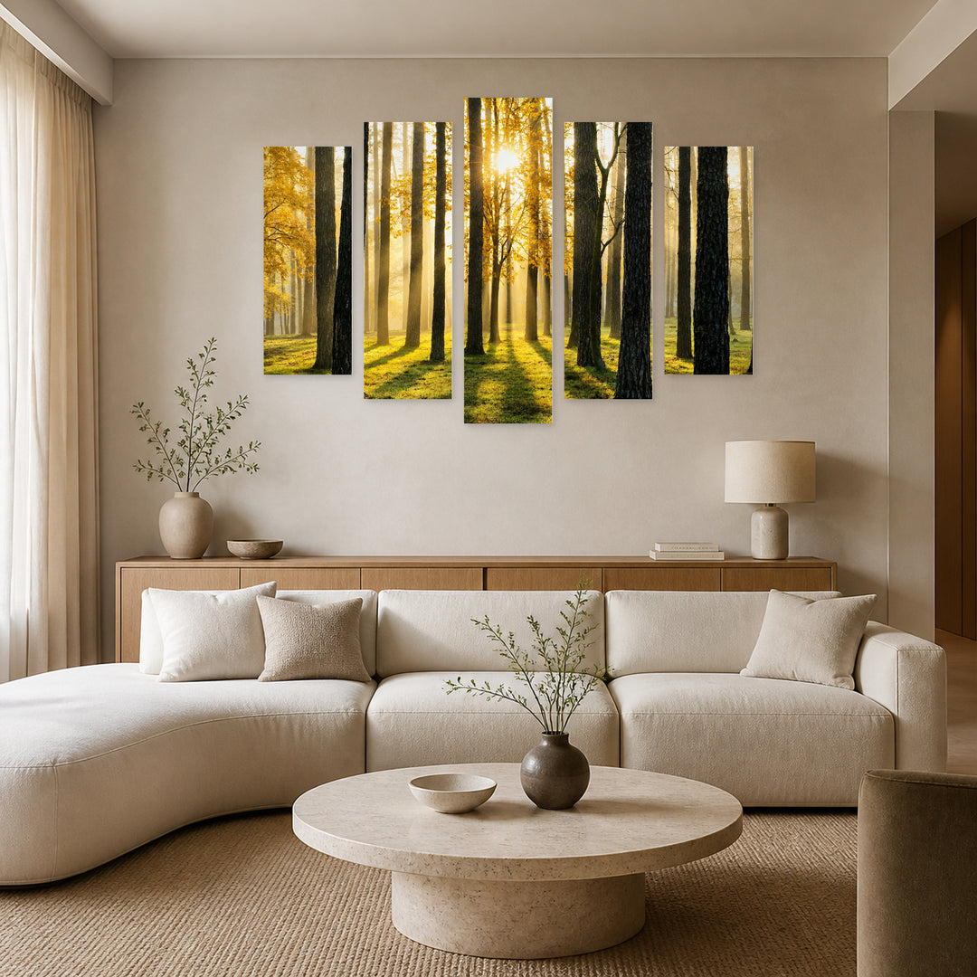 Enchanted Forest at Golden Sunset — five-panel wall art in frontal interior | 5wallart 55313 M3