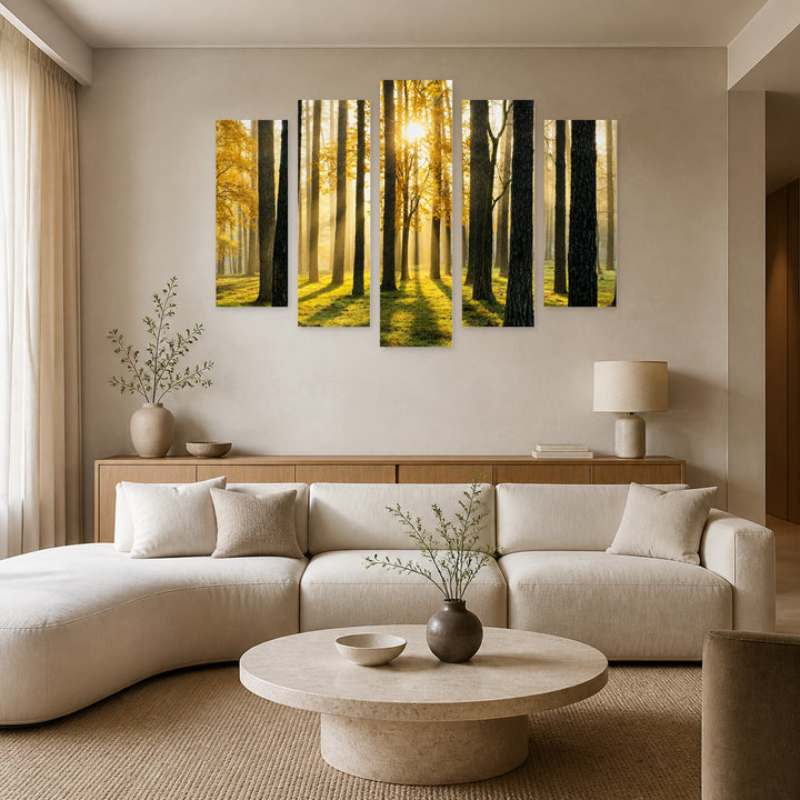 Enchanted Forest at Golden Sunset — five-panel wall art in frontal interior | 5wallart 55313 M3
