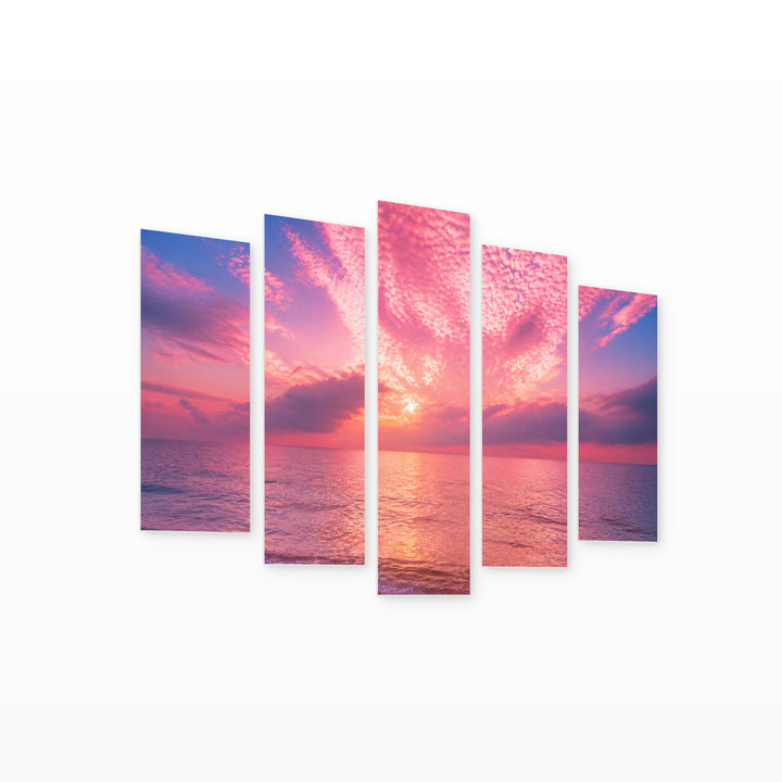Magical Sunrise over the Sea in Serene Light — five-panel wall art on white background in perspective | 5wallart 55315 M1