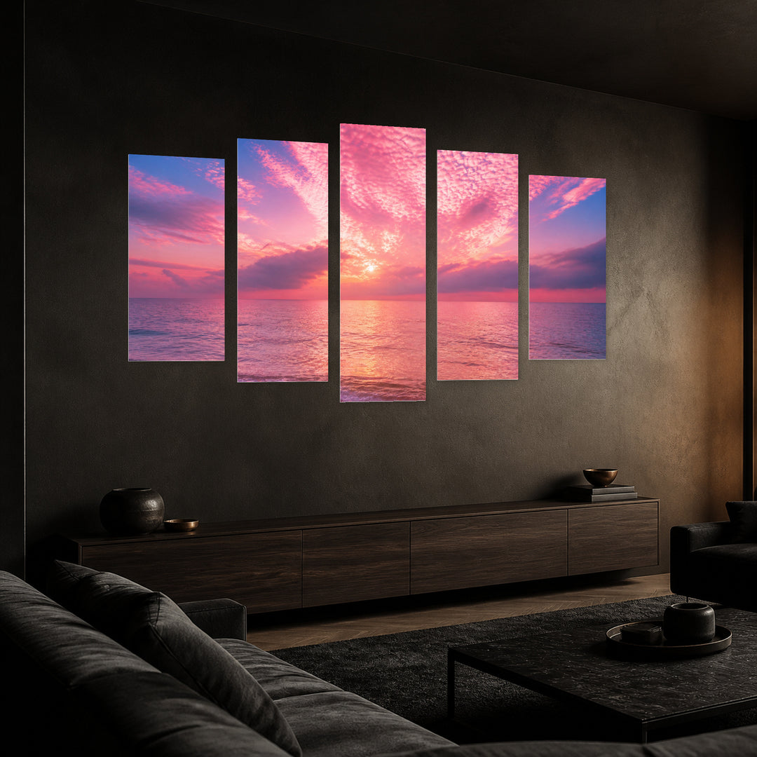 Magical Sunrise over the Sea in Serene Light — five-panel wall art in perspective interior | 5wallart 55315 M2