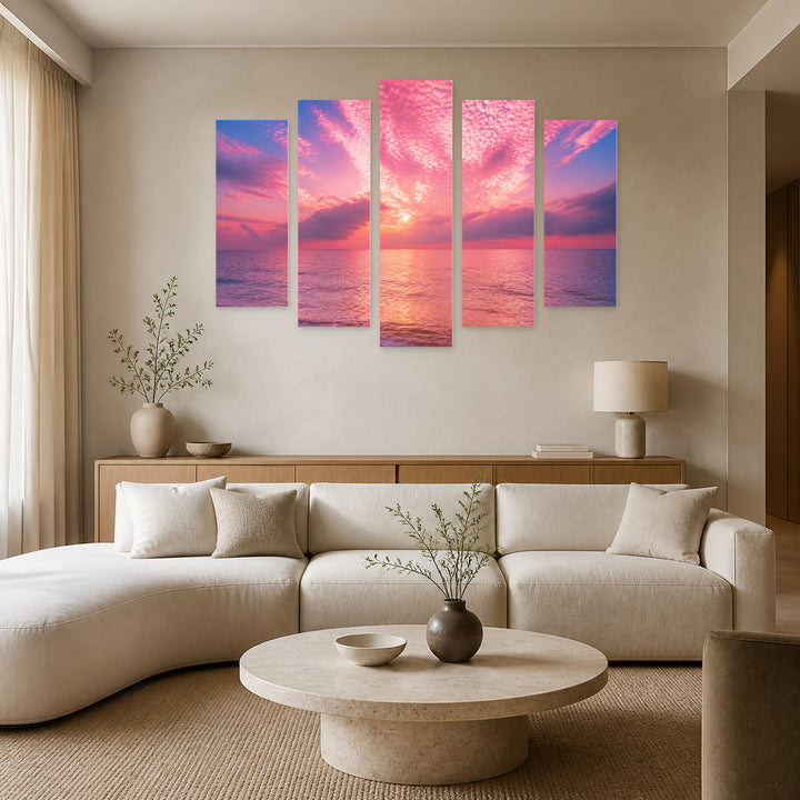 Magical Sunrise over the Sea in Serene Light — five-panel wall art in frontal interior | 5wallart 55315 M3