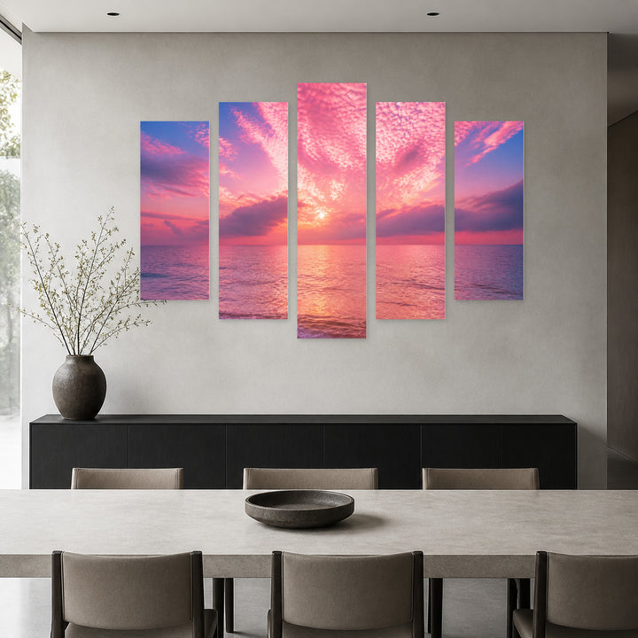 Magical Sunrise over the Sea in Serene Light — five-panel wall art in alternate frontal interior | 5wallart 55315 M4
