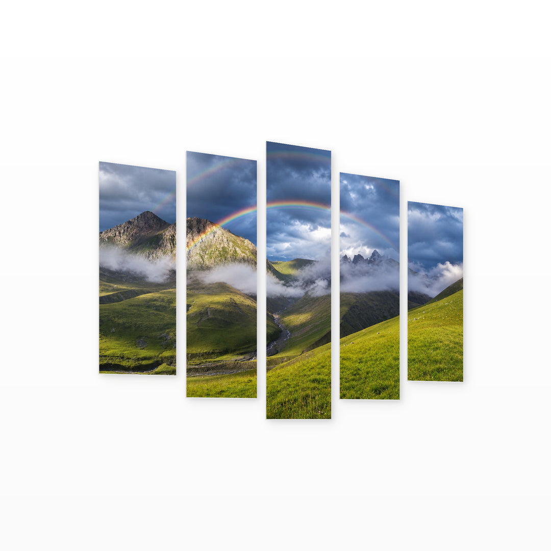 Rainbow in a Mountain Valley Landscape Study — five-panel wall art on white background in perspective | 5wallart 55316 M1