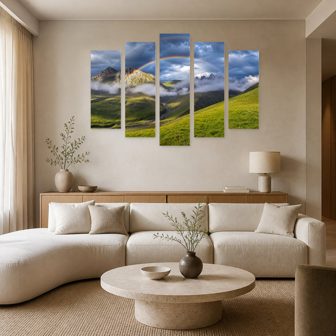 Rainbow in a Mountain Valley Landscape Study — five-panel wall art in alternate frontal interior | 5wallart 55316 M4