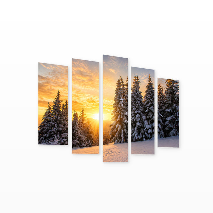 Golden Sunset over Winter Landscape — five-panel wall art on white background in perspective | 5wallart 55317 M1