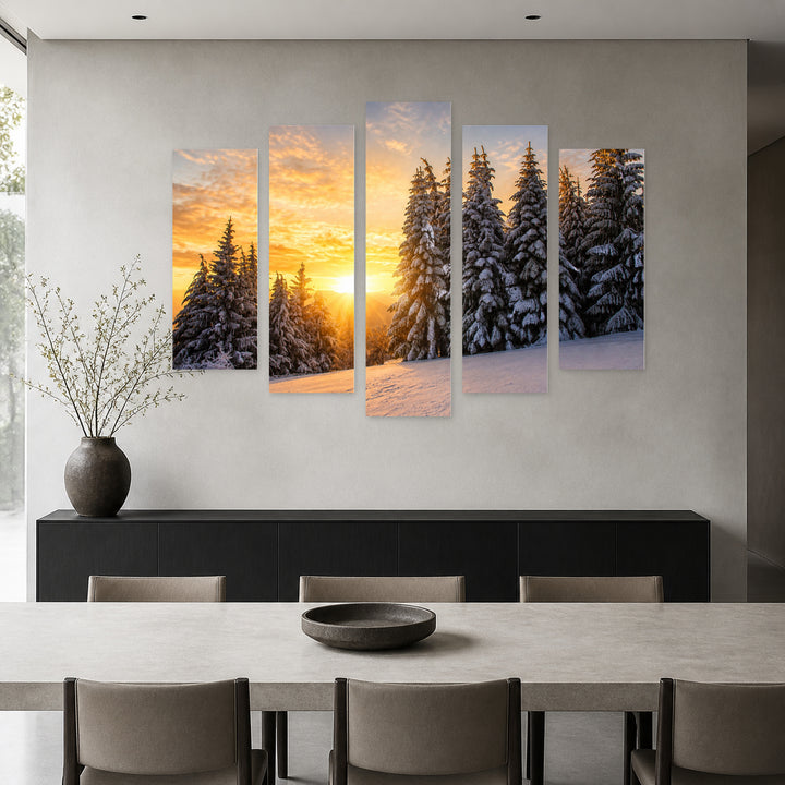 Golden Sunset over Winter Landscape — five-panel wall art in alternate frontal interior | 5wallart 55317 M4