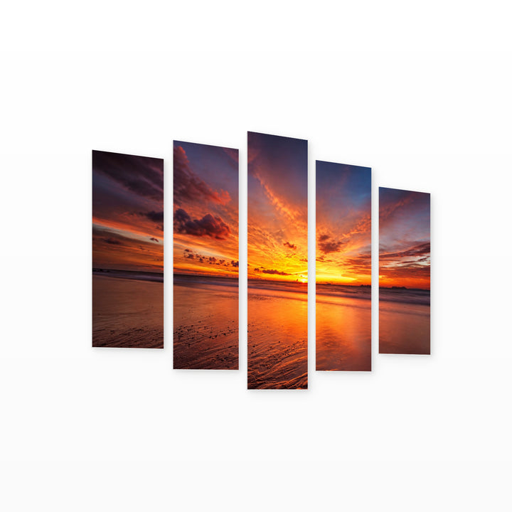 Golden Tropical Sea Sunset — five-panel wall art on white background in perspective | 5wallart 55318 M1