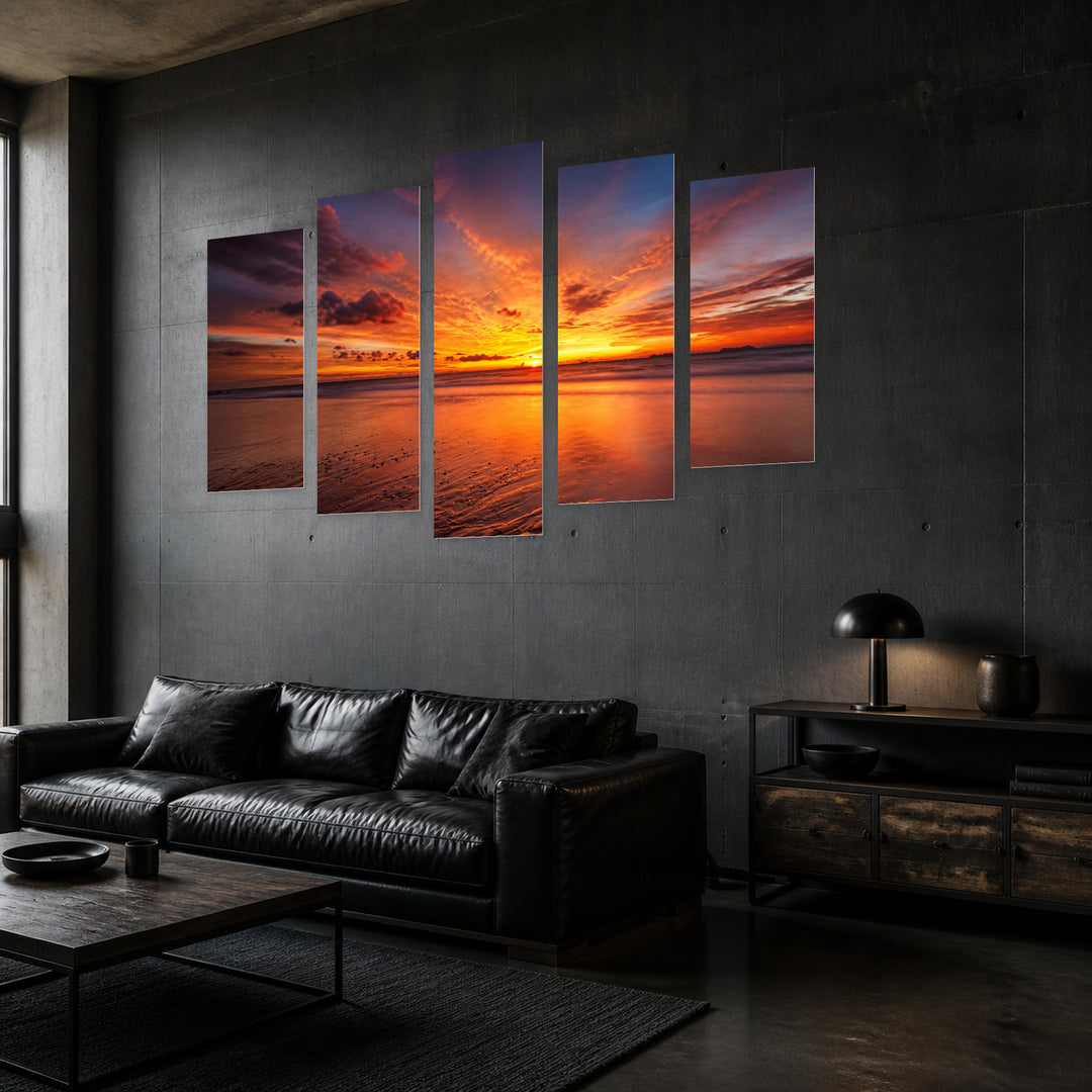 Golden Tropical Sea Sunset — five-panel wall art in perspective interior | 5wallart 55318 M2