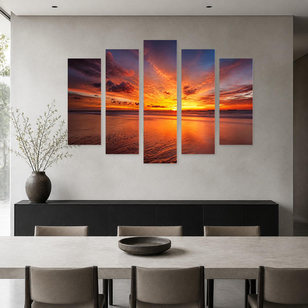 Golden Tropical Sea Sunset — five-panel wall art in frontal interior | 5wallart 55318 M3