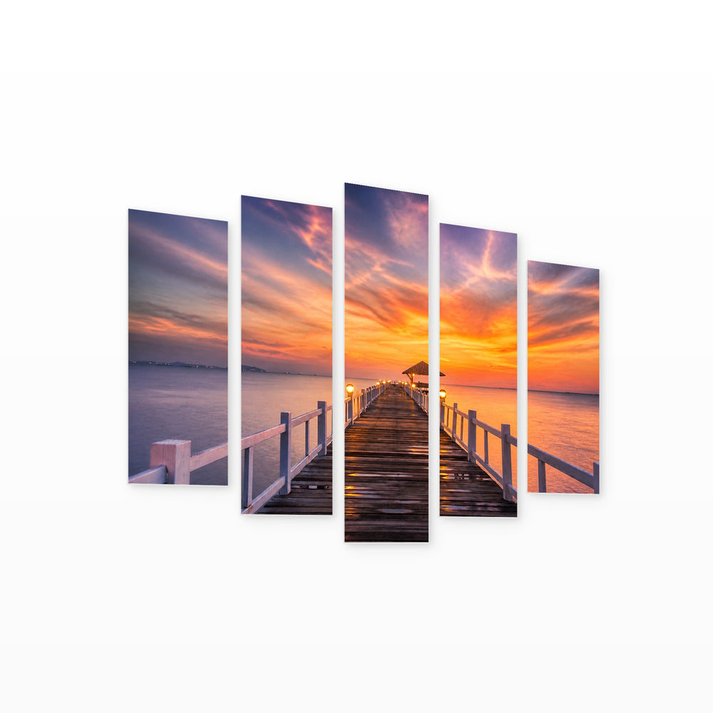 Bridge to the Sea at Golden Sunset — five-panel wall art on white background in perspective | 5wallart 55320 M1