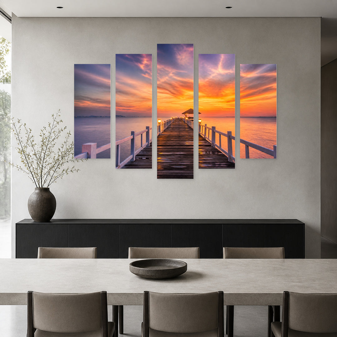Bridge to the Sea at Golden Sunset — five-panel wall art in frontal interior | 5wallart 55320 M3