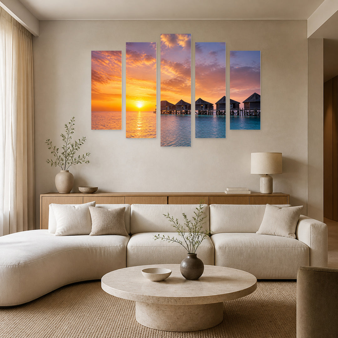 Golden Fairy-tale Sunset — five-panel wall art in frontal interior | 5wallart 55321 M3