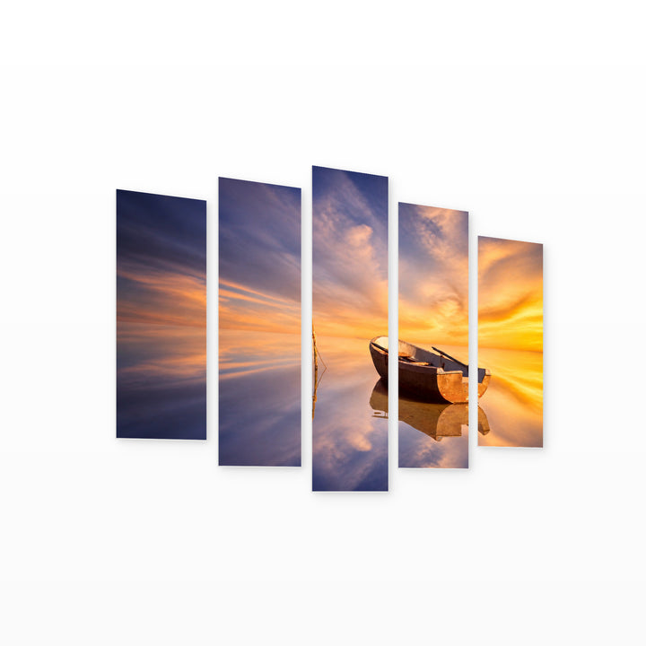 Golden Sunset over Boat — five-panel wall art on white background in perspective | 5wallart 55322 M1
