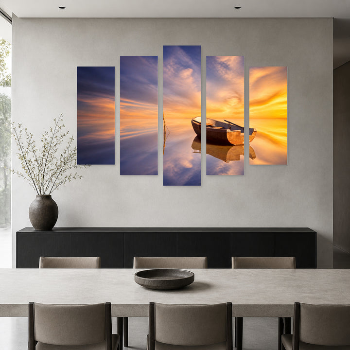 Golden Sunset over Boat — five-panel wall art in frontal interior | 5wallart 55322 M3