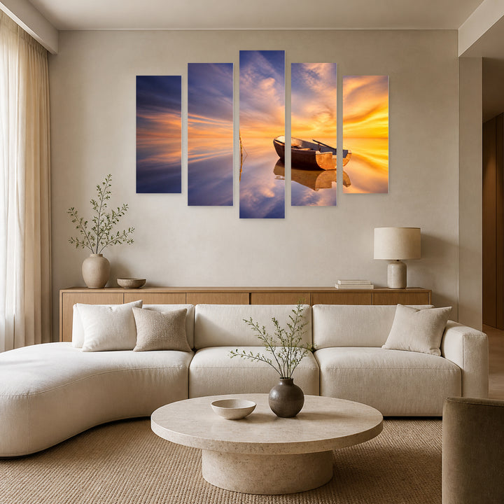 Golden Sunset over Boat — five-panel wall art in alternate frontal interior | 5wallart 55322 M4